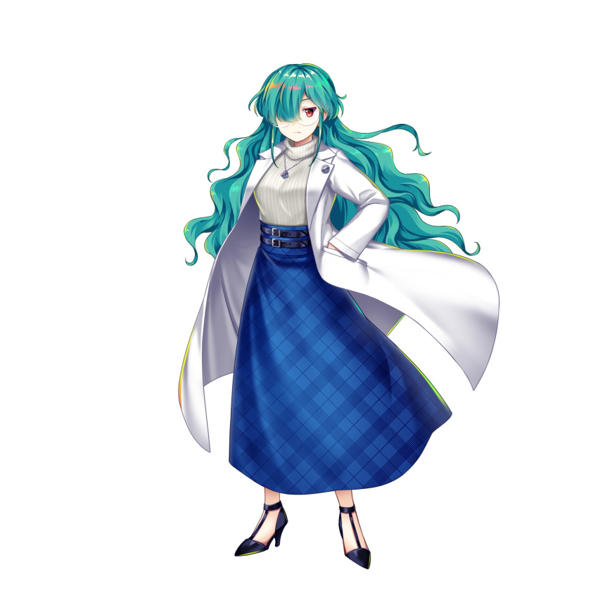 1girl, alternate_costume, aqua_hair, black_footwear, blue_skirt, breasts, closed_mouth, flower_pin
