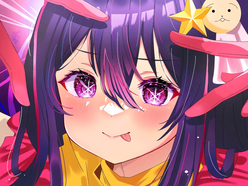 1girl, blush, chorucha, close-up, commentary, double_v, dress, frilled_dress