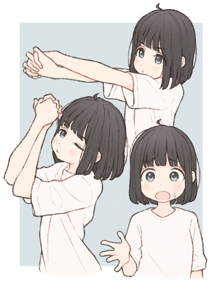 1girl, 1ssakawaguchi, :o, ahoge, black_hair, blue_eyes, bob_cut, highres