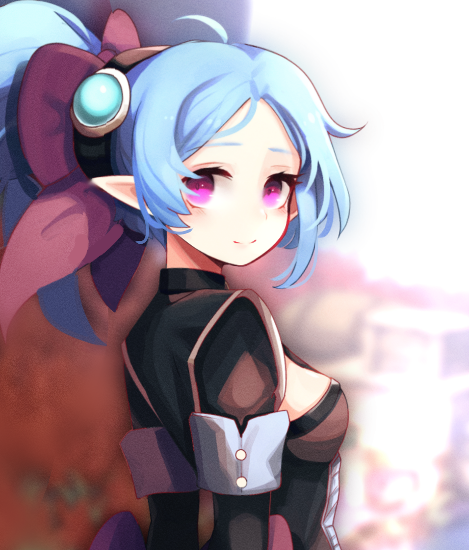 1girl, arms_behind_back, back_bow, blue_hair, blurry, blurry_background, bow, cleavage_cutout