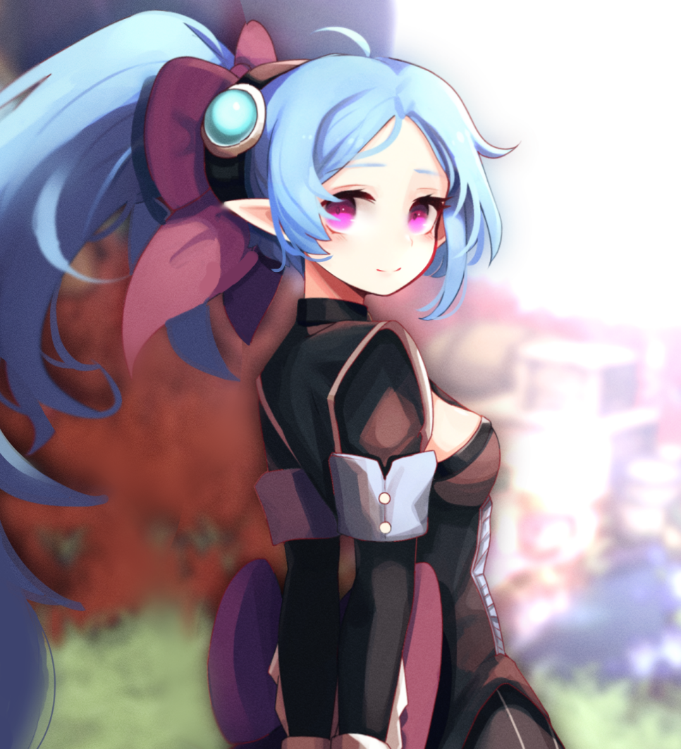 1girl, arms_behind_back, back_bow, blue_hair, blurry, blurry_background, bow, cleavage_cutout