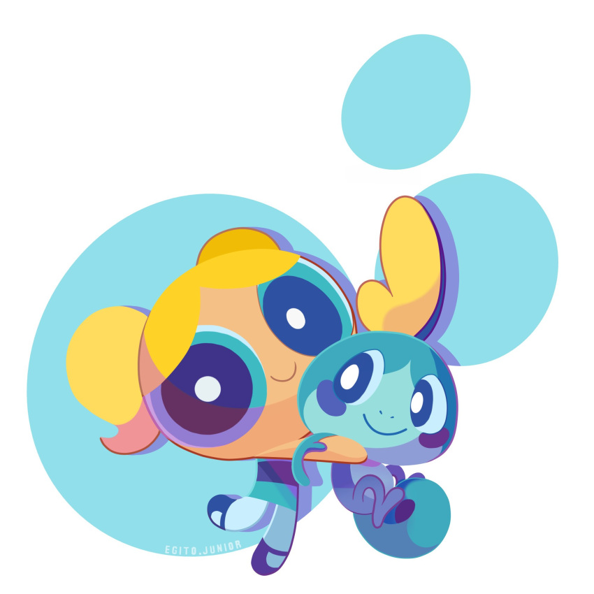 1girl, black_footwear, blonde_hair, blue_dress, blue_eyes, bubble, bubbles_(ppg), c:, creature, crossover, dress, egitojuniior, highres, holding, holding_creature, leggings, looking_at_another, looking_at_viewer, pokemon, pokemon_(game), pokemon_swsh, powerpuff_girls, simple_background, smile, sobble, standing, standing_on_one_leg, superhero, tail, toon_(style), twintails, white_background, white_leggings