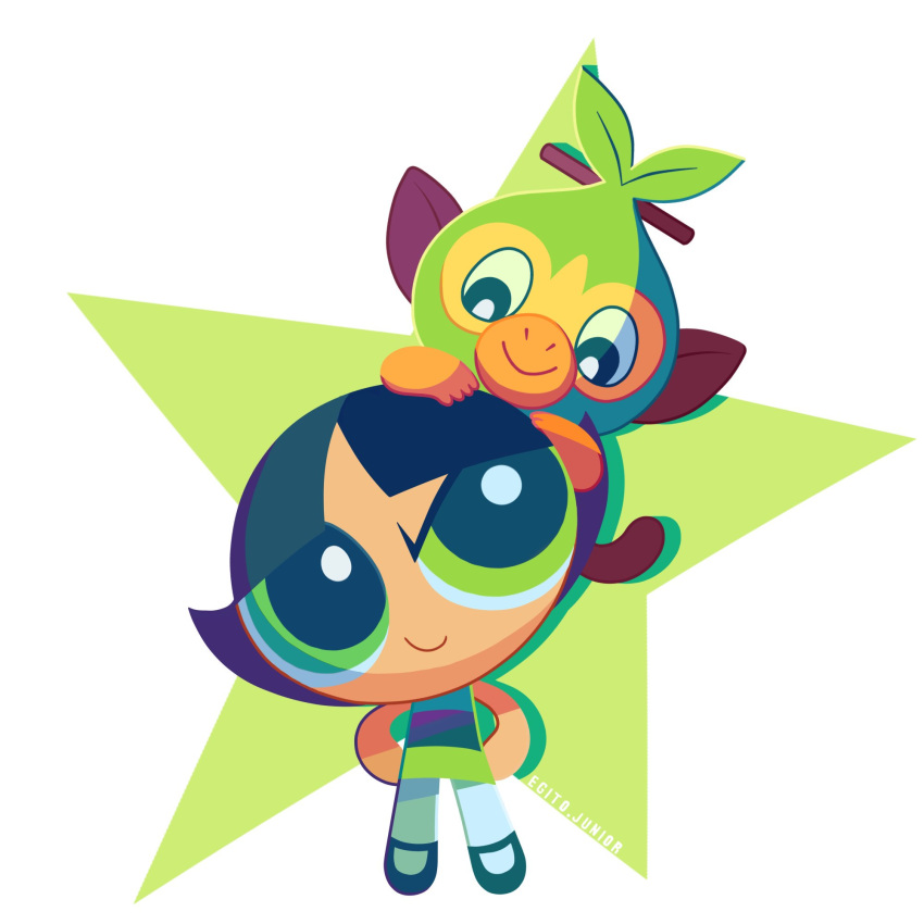 1girl, black_footwear, black_hair, buttercup_(ppg), crossover, dress, egitojuniior, full_body