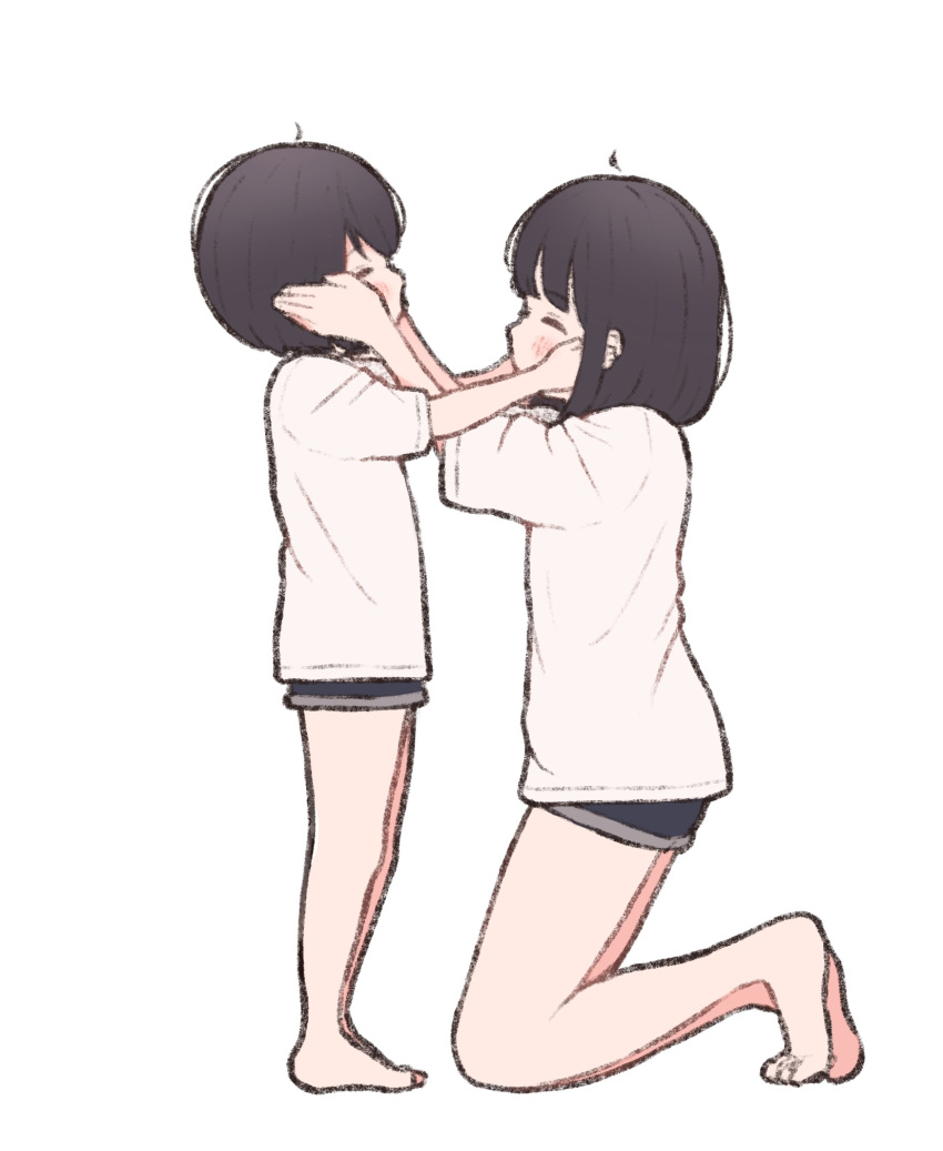 1ssakawaguchi, 2girls, ahoge, barefoot, black_hair, blush_stickers, cheek_squash, closed_eyes