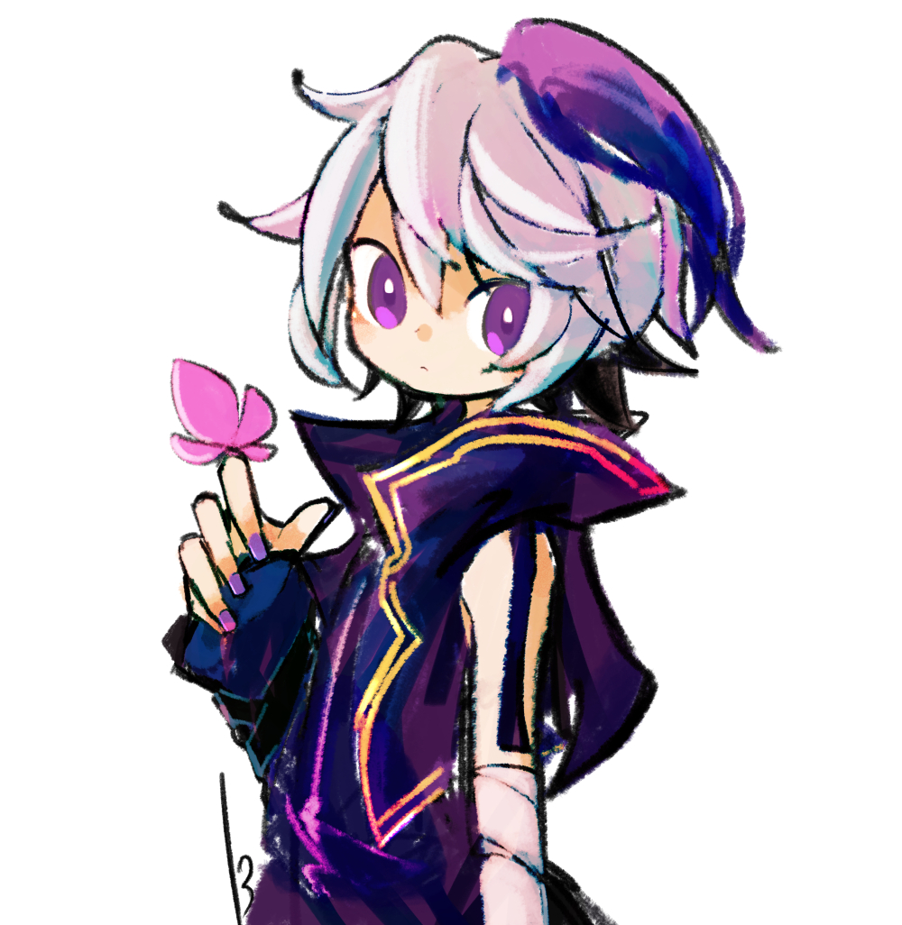 13_31n, 1girl, androgynous, arm_at_side, arm_warmers, bug, butterfly, butterfly_on_hand