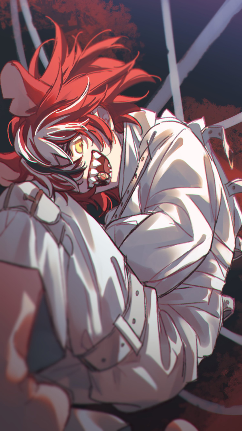1girl, absurdres, animal_ears, barefoot, belt, black_hair, brmameng, crazy, crazy_eyes, crazy_smile, dice, grin, hakos_baelz, head_tilt, highres, hololive, hololive_english, knee_up, looking_at_viewer, lying, messy_hair, mouse_ears, mouse_girl, mouse_tail, multicolored_hair, open_mouth, psycho_(hololive), redhead, sharp_teeth, shirt, shoes, short_hair, smile, solo, straitjacket, streaked_hair, tail, teeth, tongue, virtual_youtuber, white_hair, yellow_eyes