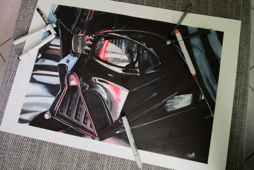 2boys, absurdres, art_tools_in_frame, darth_vader, energy_sword, english_commentary, helmet, highres, holding_lightsaber, jedi, lightsaber, luke_skywalker, making-of_available, male_focus, marker_(medium), multiple_boys, photo_(medium), portrait, reflection, signature, sith, star_wars, star_wars:_the_empire_strikes_back, sword, traditional_media, waldherr, weapon