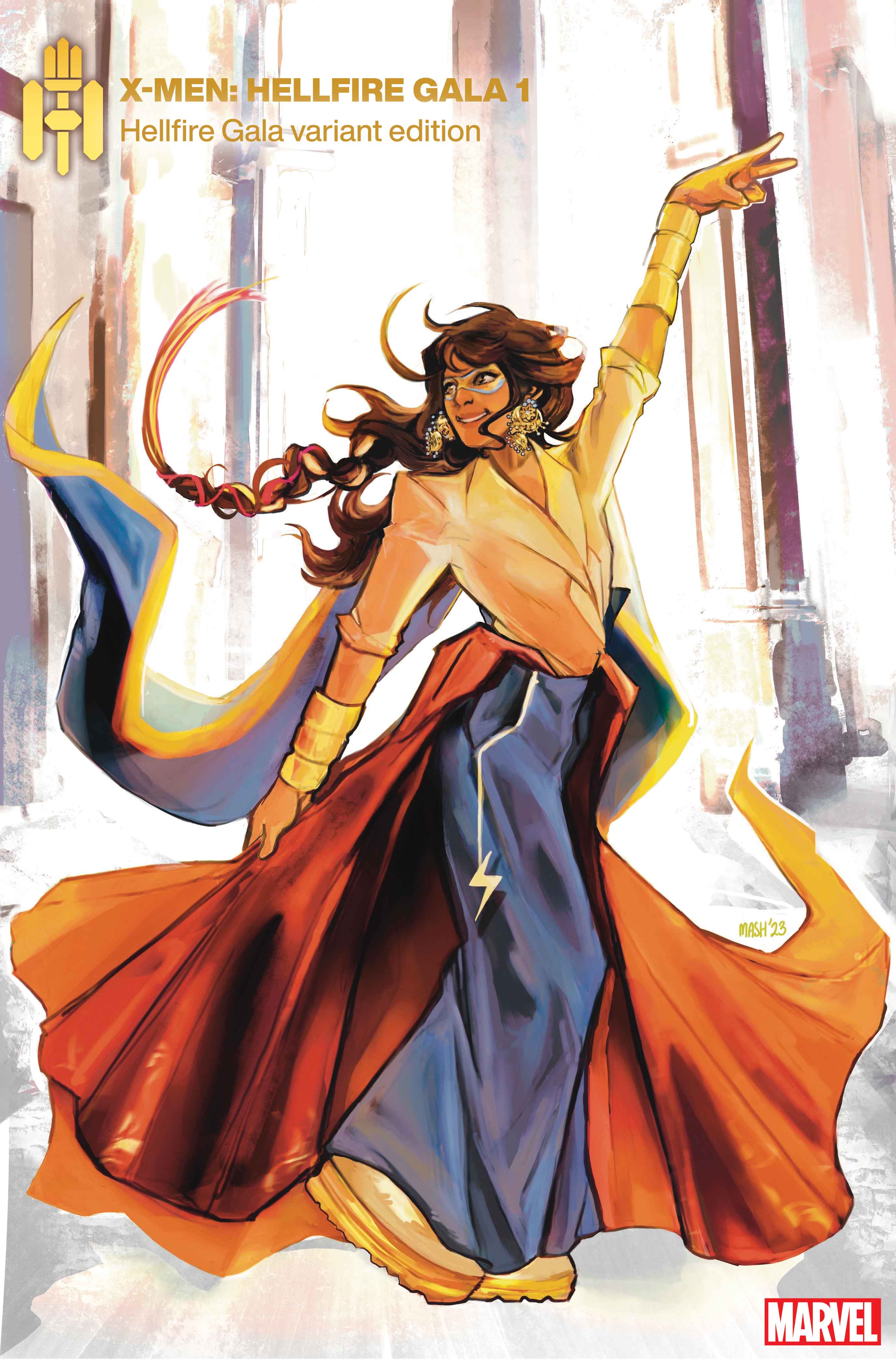 1girl, absurdres, blue_cape, blue_pants, boots, bracer, brown_eyes, brown_hair, cape, comic_cover, copyright_name, cover, cover_page, dancing, domino_mask, dress, earrings, english_commentary, flat_chest, floating_hair, highres, indoors, jewelry, kamala_khan, lightning_bolt_symbol, logo, long_hair, marvel, mashal_ahmed, mask, ms._marvel, official_art, pants, parted_lips, red_dress, shirt, smile, solo, white_footwear, white_shirt, x-men