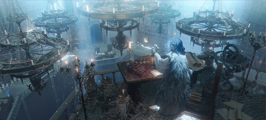 1girl, armillary_sphere, blue_cloak, blue_eyes, blue_hair, blue_skin, book, book_stack, bookshelf, candle, candlestand, chair, chandelier, chinese_commentary, chromatic_aberration, cloak, colored_skin, commentary_request, desk, dress, elden_ring, expressionless, from_above, fur_cloak, highres, hourglass, indoors, lamp, library, light_particles, looking_at_viewer, looking_back, lucianalin, medium_hair, one_eye_closed, open_book, paper, railing, ranni_the_witch, realistic, scenery, scroll, silk, solo, spider_web, standing, stone_floor, wavy_hair, white_dress, wide_shot, wide_sleeves