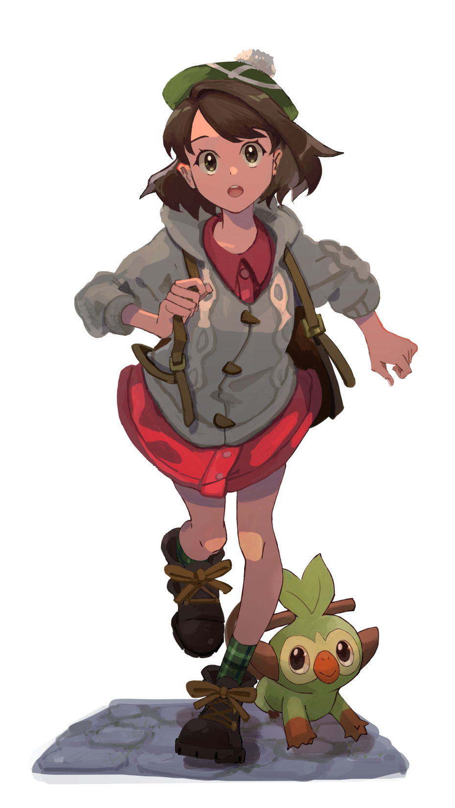 1girl, :o, backpack, bag, bob_cut, boots, brown_bag, brown_eyes