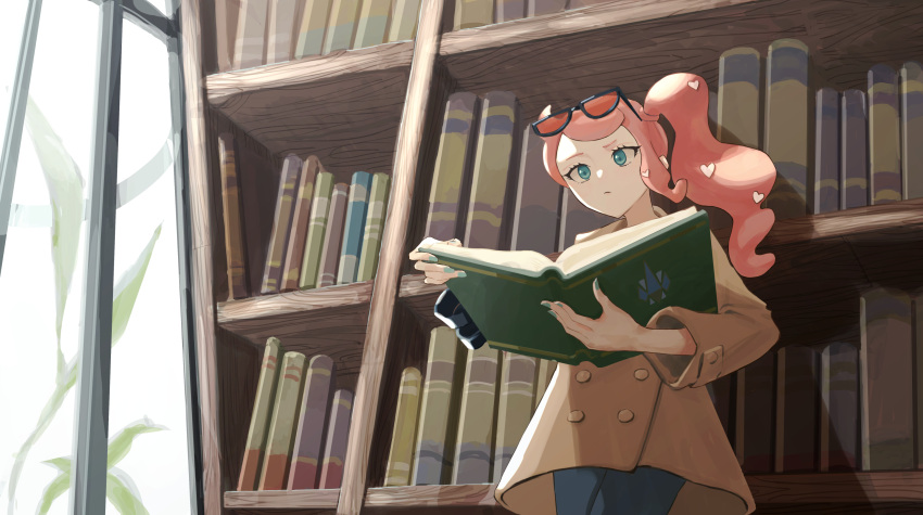 1girl, book, bookshelf, bracelet, brown_coat, buttons, closed_mouth, coat