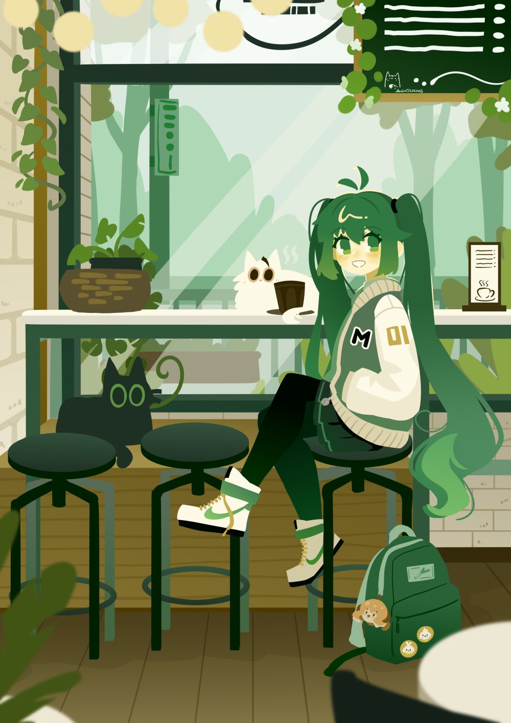 1girl, backpack, bag, bag_removed, black_pantyhose, blush, brown_eyes, cafe
