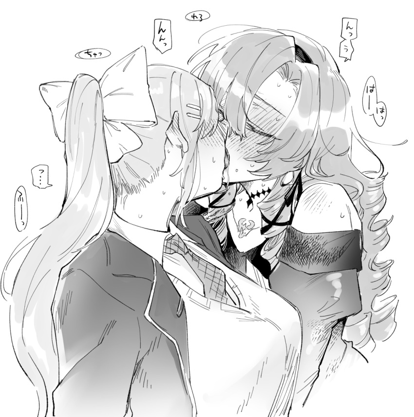 2girls, bare_shoulders, blazer, blush, bow, breasts, choker, closed_eyes