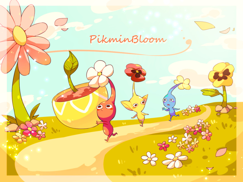 black_eyes, blue_pikmin, blue_skin, blue_sky, blush_stickers, clouds, colored_skin, commentary_request