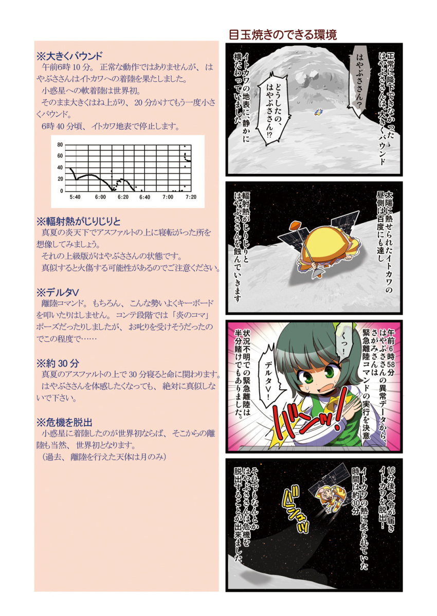 asteroid, comic, dei_shirou, hayabusa_(spacecraft), highres, mecha_musume, orenji_zerii, original, personification, sagami_(dei_shirou), space, space_craft, translation_request