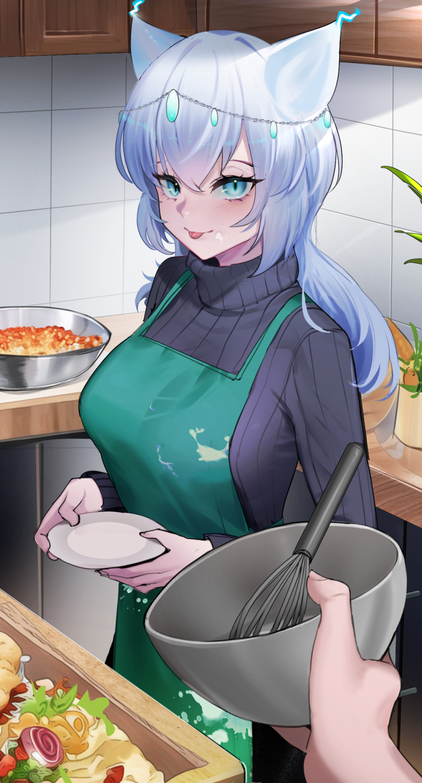 1girl, animal_ears, apron, azur_lane, blue_eyes, blue_hair, breasts, commission