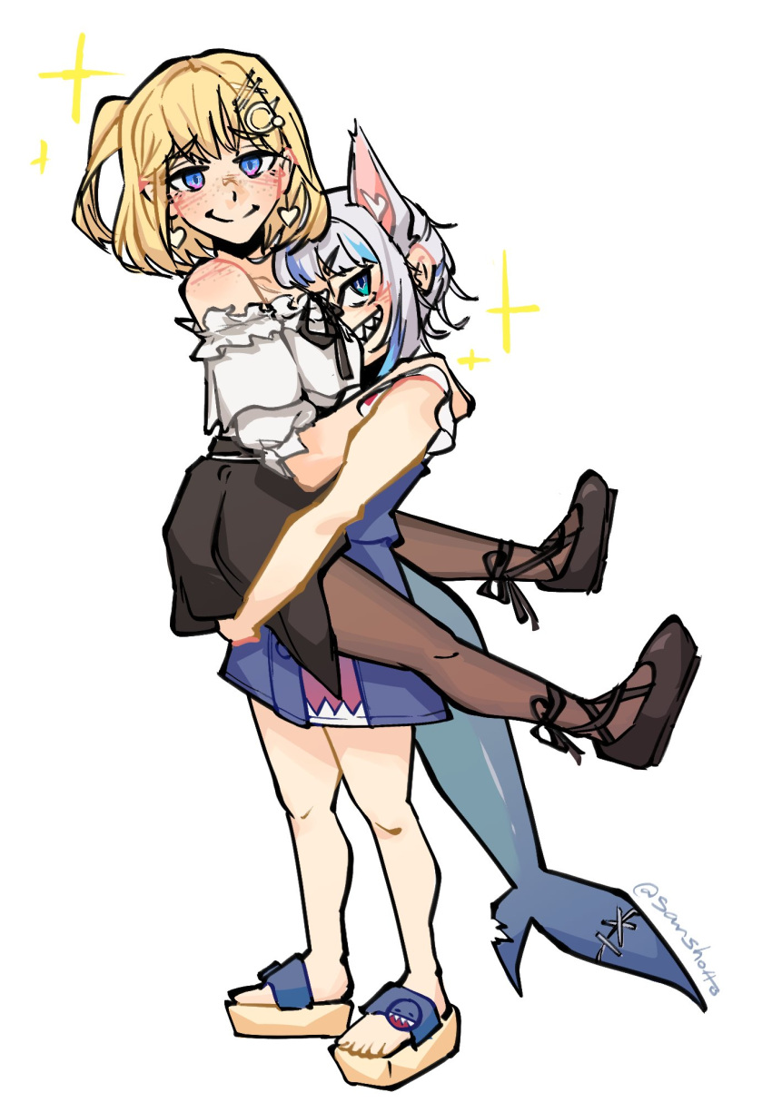 2girls, animal_ears, bare_shoulders, black_skirt, blonde_hair, blue_eyes, blue_hair, blush
