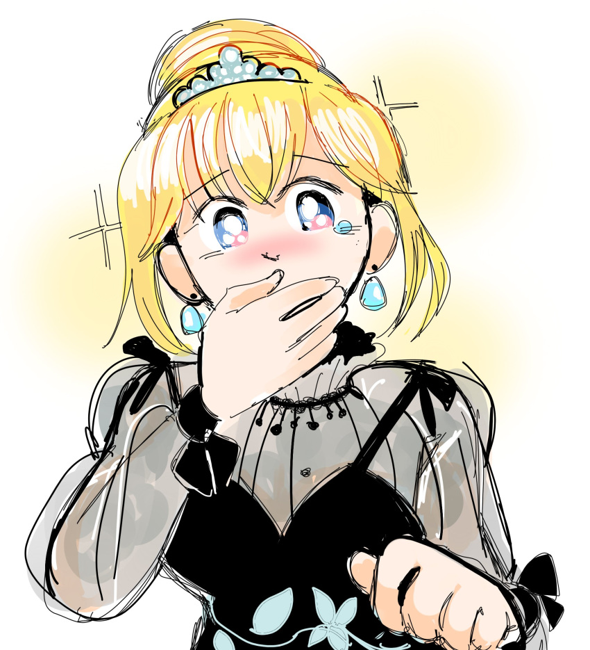 1girl, bbbbungle, black_dress, blonde_hair, blue_eyes, blush, dress, earrings