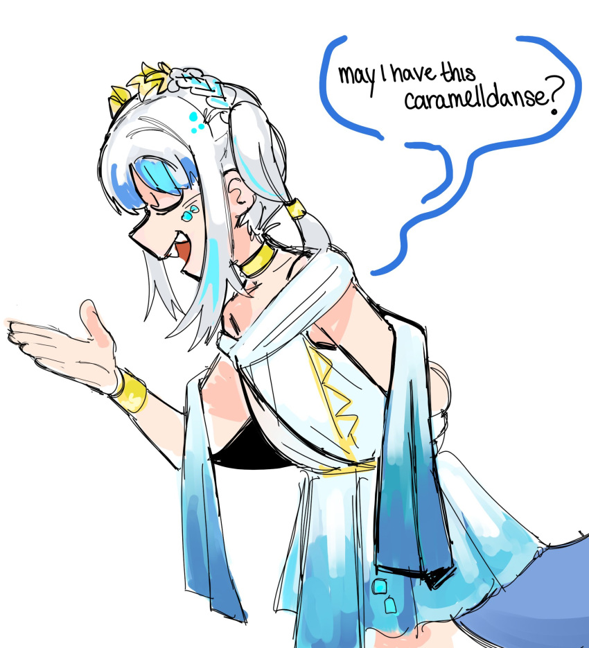 1girl, bbbbungle, blue_hair, bowing, dress, english_text, fins, fish_tail