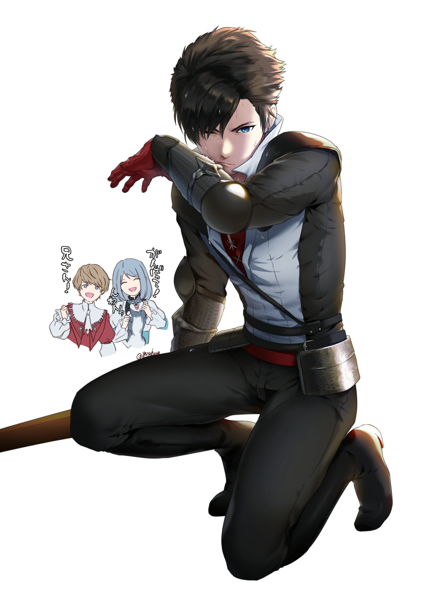 1girl, 2boys, :d, absurdres, animal, belt, black_hair, black_pants
