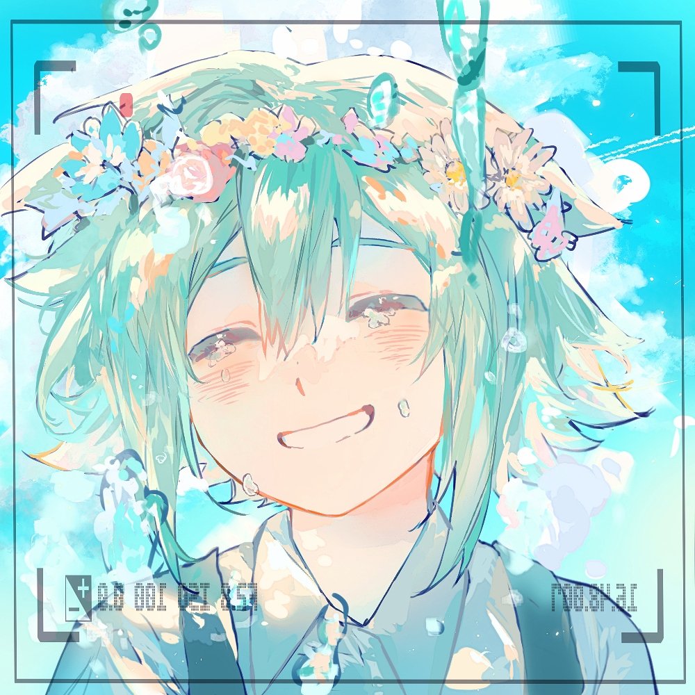 1boy, basil_(omori), blonde_hair, blush, closed_eyes, flower, grin, head_wreath, limi_mirantes, omori, parted_lips, short_hair, smile, solo, teeth, upper_body, viewfinder