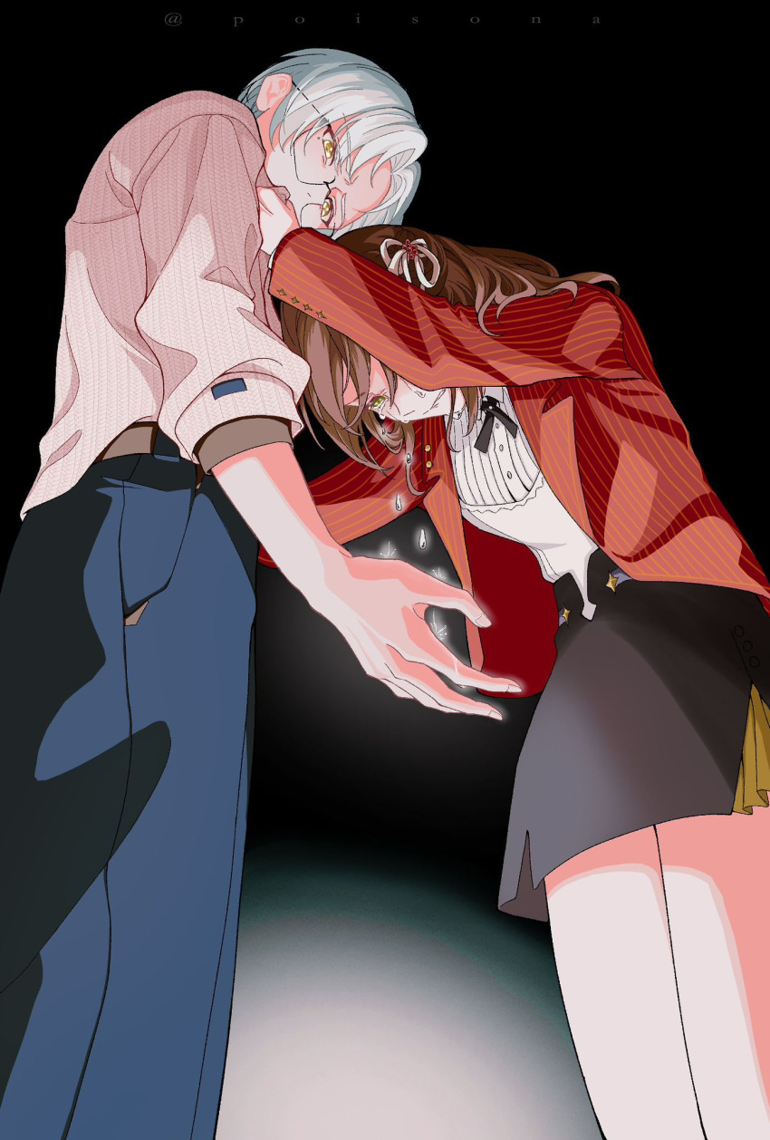 1boy, 1girl, belt, black_background, black_skirt, blue_pants, bow, brown_hair, collared_shirt, crying, crying_with_eyes_open, english_commentary, from_below, glasses, green_eyes, hair_bow, highres, jacket, long_hair, long_sleeves, mole, mole_under_eye, pants, poisona_(nimomimasaki), red_jacket, rosa_(tears_of_themis), shirt, short_hair, skirt, sleeves_rolled_up, striped, tears, tears_of_themis, vertical_stripes, vyn_richter_(tears_of_themis), white_bow, white_hair, white_shirt, yellow_eyes