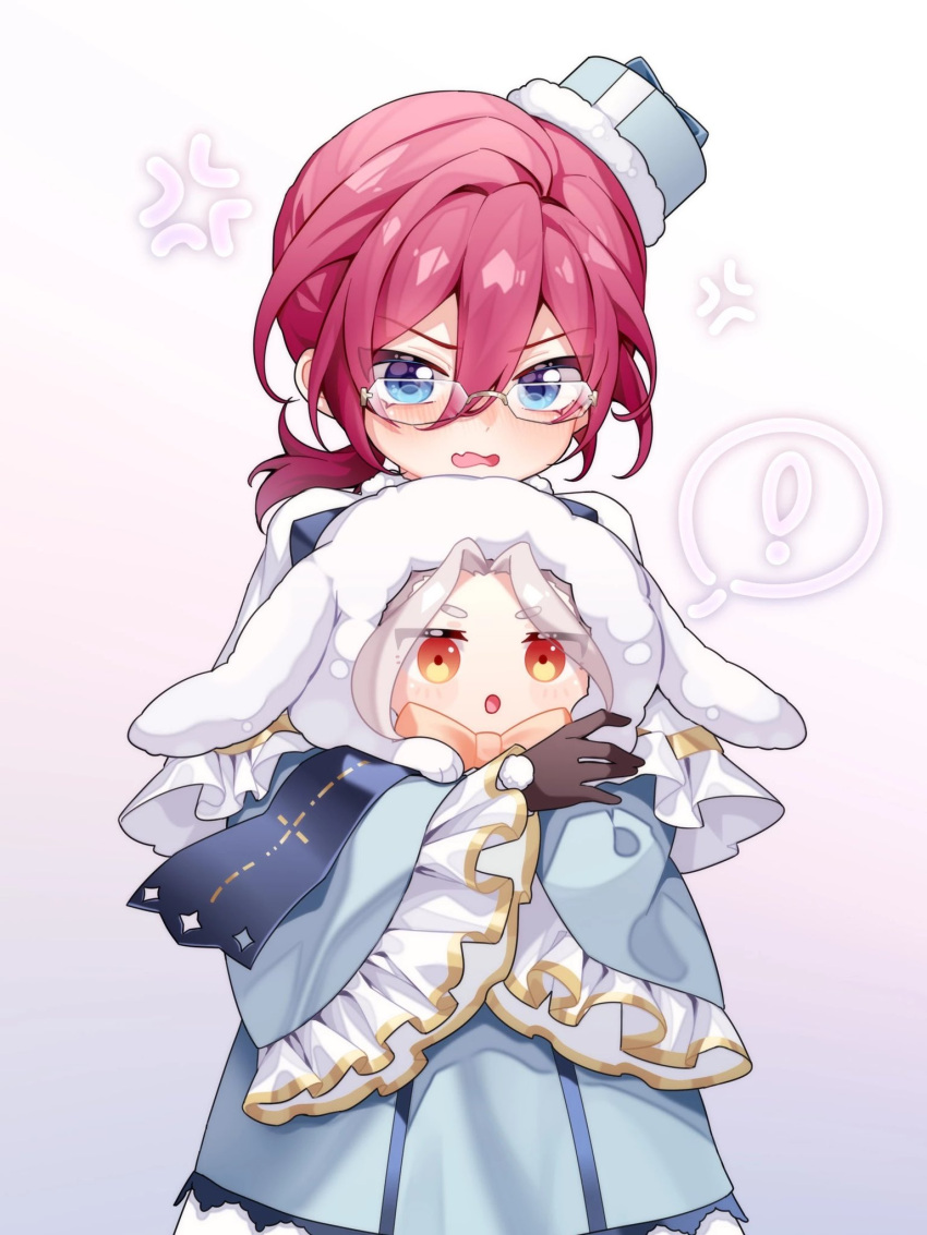 !, 1boy, alternate_costume, blue_eyes, blue_ribbon, blush, character_doll, daya_kro, ensemble_stars!, highres, long_sleeves, low_ponytail, male_focus, pink_hair, ran_nagisa, ribbon, saegusa_ibara, solo, speech_bubble, spoken_exclamation_mark, white_hair, white_snow's_merry_xmas_(ensemble_stars!)