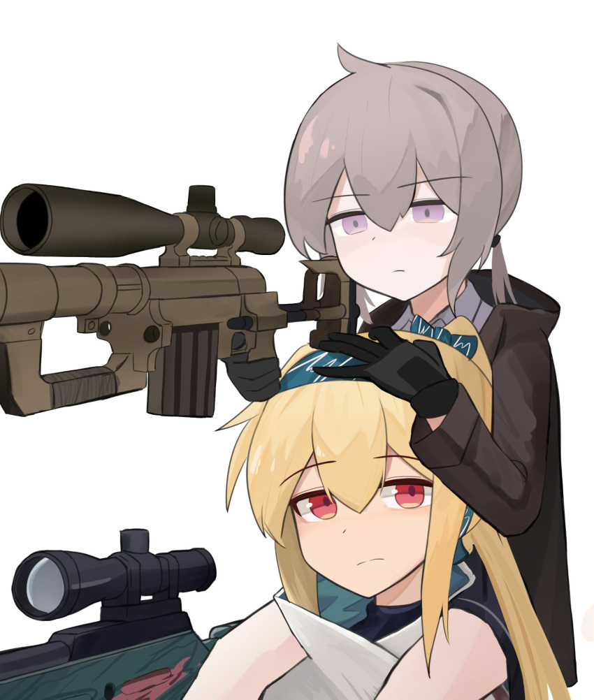 2girls, ahoge, black_gloves, blonde_hair, bolt_action, carrying, cheytac_m200, eyebrows_hidden_by_hair