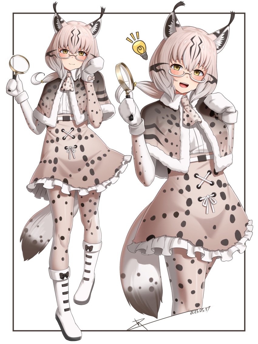 1girl, absurdres, animal_ear_fluff, animal_print, ascot, boots, capelet, commentary