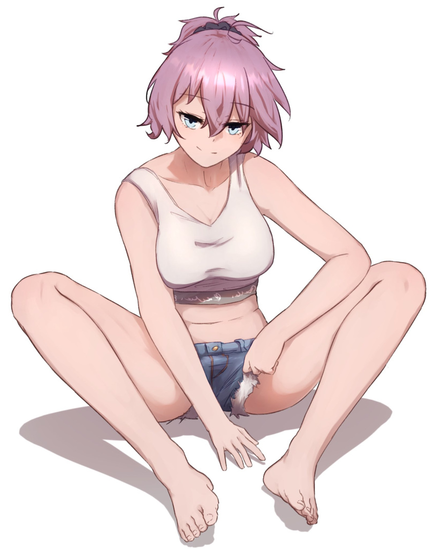 1girl, alternate_costume, aoba_(kancolle), barefoot, blue_shorts, breasts, casual, cutoffs, denim, denim_shorts, full_body, green_eyes, hair_ornament, hair_scrunchie, highres, ikadamo, kantai_collection, medium_breasts, messy_hair, midriff, ponytail, purple_hair, scrunchie, shorts, simple_background, solo, sports_bra, white_background