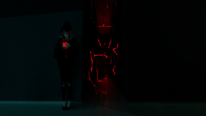 1girl, ambiguous_red_liquid, black_hair, black_pants, closed_eyes, closed_mouth, commentary, dark_background