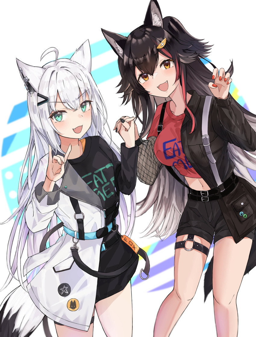 2girls, absurdres, ahoge, animal_ear_fluff, animal_ears, black_hair, black_jacket, black_nails