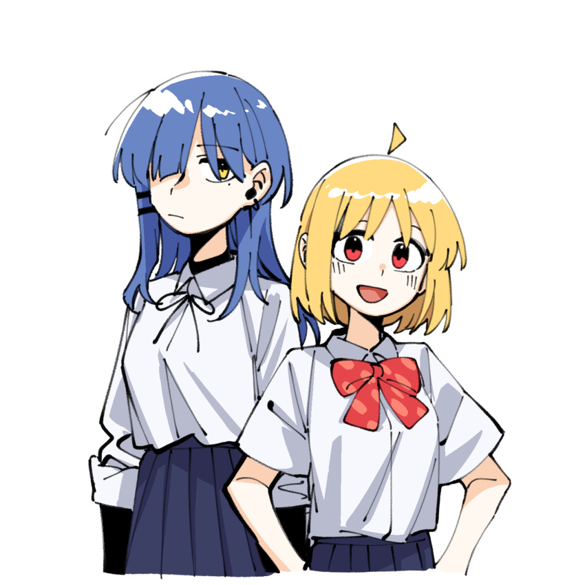 2girls, ahoge, alternate_hair_length, alternate_hairstyle, black_skirt, blonde_hair, bocchi_the_rock!, closed_mouth, collared_shirt, highres, ijichi_nijika, long_hair, long_sleeves, mole, mole_under_eye, multiple_girls, neonfloyd, open_mouth, pleated_skirt, red_eyes, shirt, short_hair, short_sleeves, simple_background, skirt, smile, white_background, white_shirt, yamada_ryo, yellow_eyes