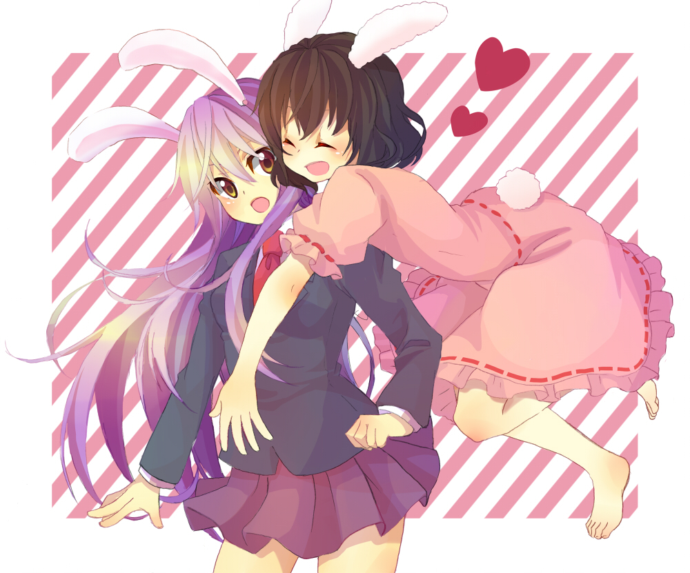 animal_ears, bad_id, barefoot, black_hair, blazer, blush, bunny_ears, bunny_tail