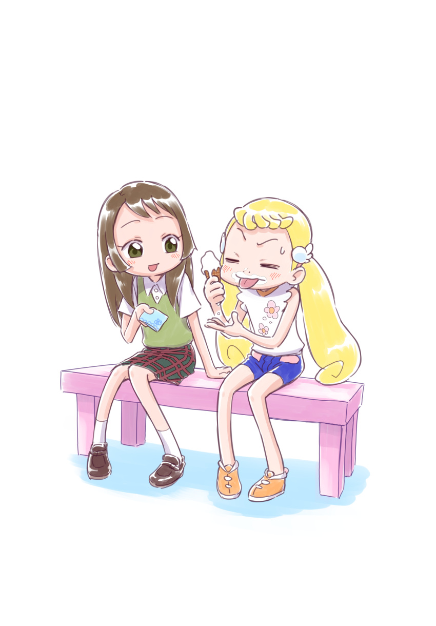 2girls, absurdres, blonde_hair, blue_shorts, blush, brown_footwear, closed_eyes, collared_shirt