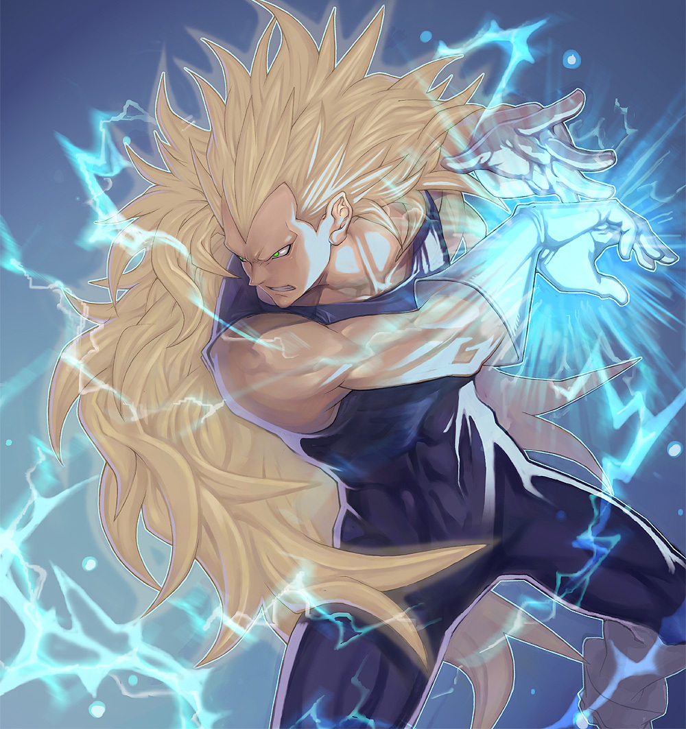 aura, blonde_hair, dragon_ball, dragon_ball_z, gloves, green_eyes, katsutake, long_hair, male, muscle, solo, spiked_hair, spiky_hair, super_saiyan, super_saiyan_3, vegeta