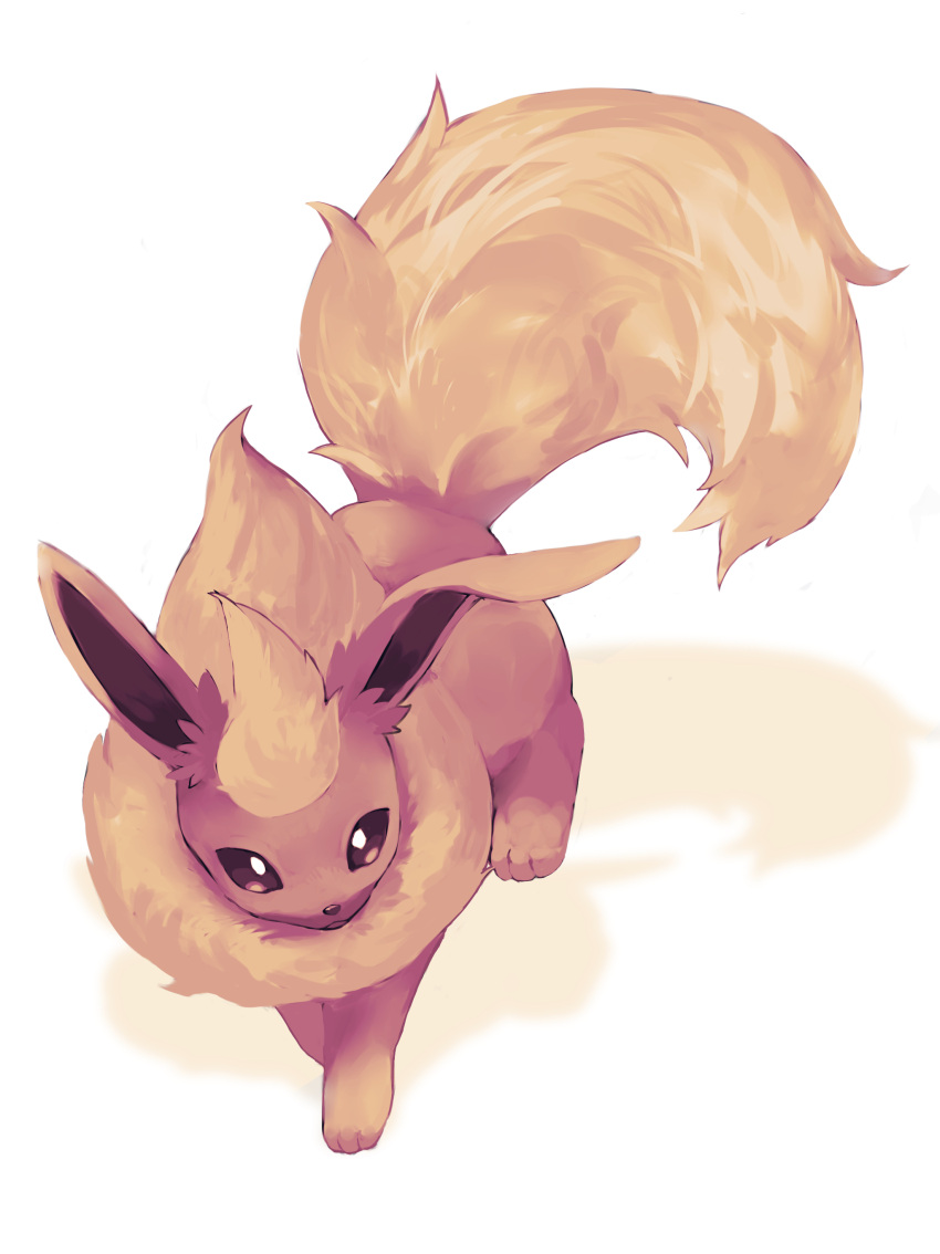 :<, absurdres, animal_focus, blonde_hair, brown_eyes, closed_mouth, commentary_request, flareon, fluffy, from_above, full_body, highres, katamuki, looking_at_viewer, neck_fur, no_humans, partial_commentary, pokemon, pokemon_(creature), short_hair, simple_background, solo, standing, white_background