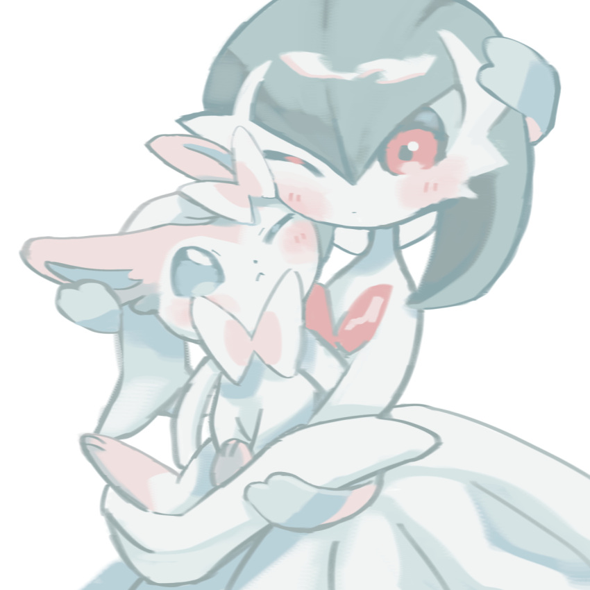 1girl, :<, bare_shoulders, blue_sclera, blush, bob_cut, bow, bowtie, cheek-to-cheek, closed_mouth, colored_sclera, colored_skin, commentary_request, dot_mouth, dress, elbow_gloves, expressionless, eye_contact, flat_chest, gardevoir, gloves, green_hair, hair_between_eyes, hair_bow, heads_together, highres, holding, holding_pokemon, looking_at_another, mame_(pixiv_57985908), mega_gardevoir, mega_pokemon, one_eye_closed, partial_commentary, pink_bow, pink_bowtie, pokemon, pokemon_(creature), red_eyes, ribbon, short_hair, simple_background, strapless, strapless_dress, sylveon, white_background, white_dress, white_eyes, white_gloves, white_ribbon, white_skin