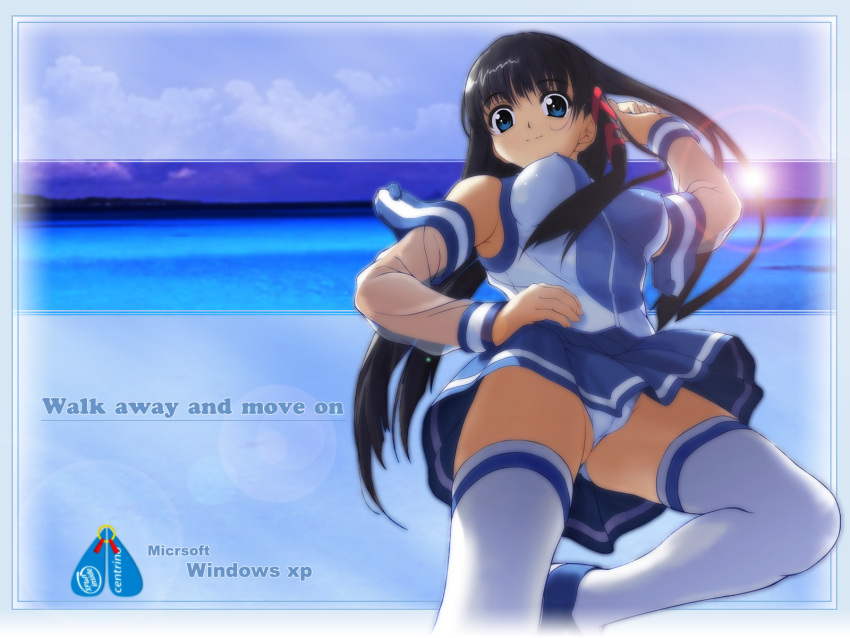 1girl, armpits, black_hair, blue_eyes, blue_skirt, blunt_ends, breasts, cloud