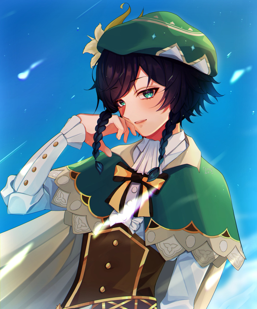 absurdres, beret, blue_sky, braid, chiisaisan, flower, genshin_impact, glowing