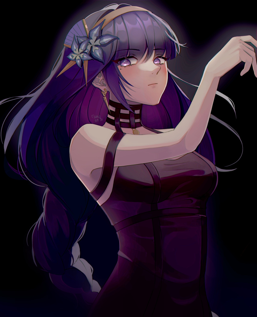 absurdres, black_dress, braid, chiisaisan, cosplay, crossover, dark_background, dress, earrings, expressionless, genshin_impact, hair_ornament, hairpin, highres, jewelry, long_hair, mole, purple_hair, raiden_shogun, single_braid, spy_x_family, violet_eyes, yor_briar, yor_briar_(cosplay)