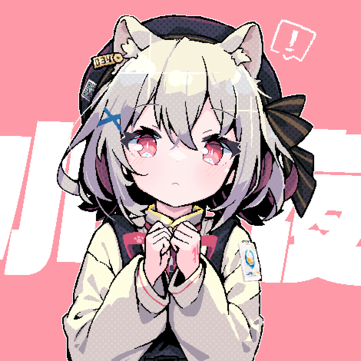 !, 1girl, animal_ear_fluff, animal_ears, beret, black_headwear, black_vest, bow, bowtie, bright_pupils, cat_ears, cat_girl, character_name, closed_mouth, demusato_(udmp), ear_tag, grey_hair, hair_between_eyes, hair_ornament, hands_up, hat, hat_ribbon, highres, light_blush, long_sleeves, looking_at_viewer, own_hands_together, pixel_art, puffy_long_sleeves, puffy_sleeves, qr_code, red_bow, red_bowtie, red_eyes, ribbon, sayo_(voicevox), shirt, short_hair, sidelocks, simple_background, slit_pupils, solo, spoken_exclamation_mark, straight-on, text_background, tsurime, upper_body, vest, voicevox, white_pupils, white_shirt, x_hair_ornament