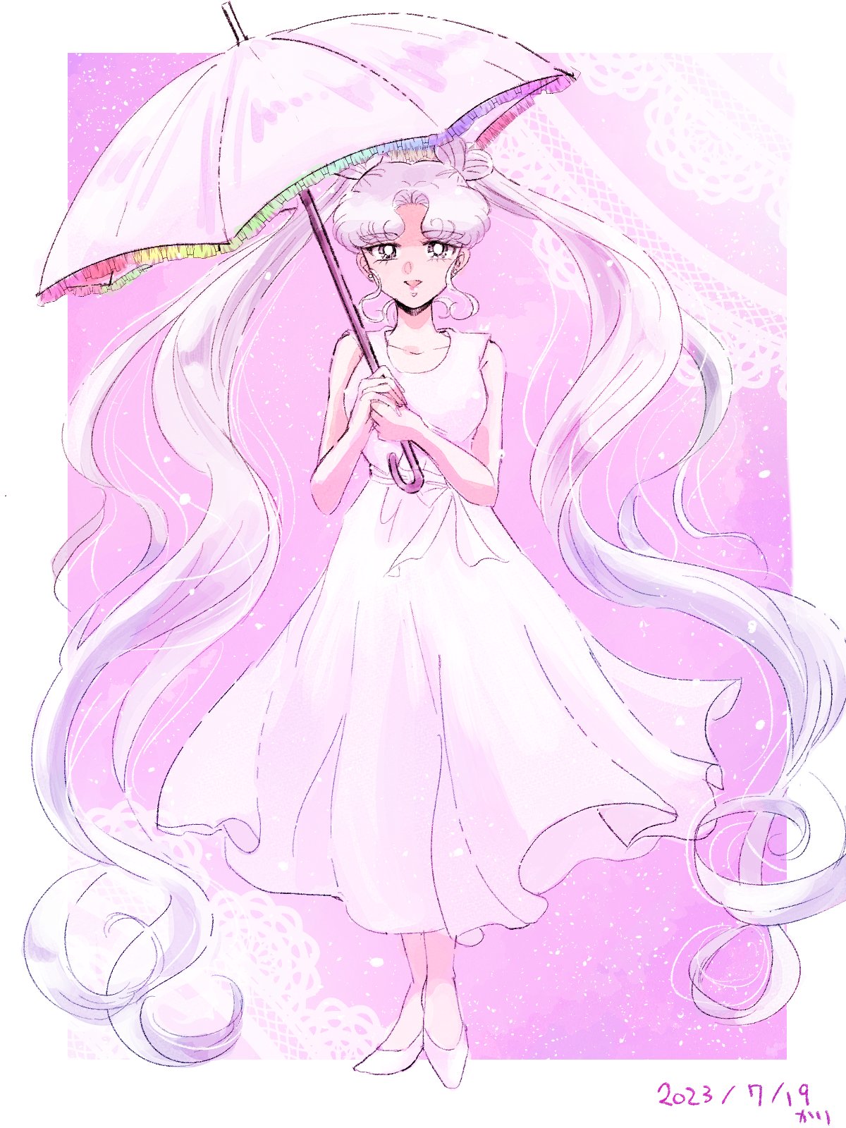 bishoujo_senshi_sailor_moon, dress, grey_eyes, hair_bun, heart_hair_bun, highres, karikaridaka, long_dress, long_hair, rainbow_order, sailor_cosmos, sleeveless, smile, twintails, umbrella, very_long_hair, white_dress, white_footwear, white_hair