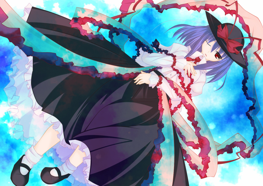 atapon, blue_hair, breasts, dutch_angle, frills, hat, long_skirt, nagae_iku, red_eyes, ribbon, scarf, skirt, solo, touhou, wink