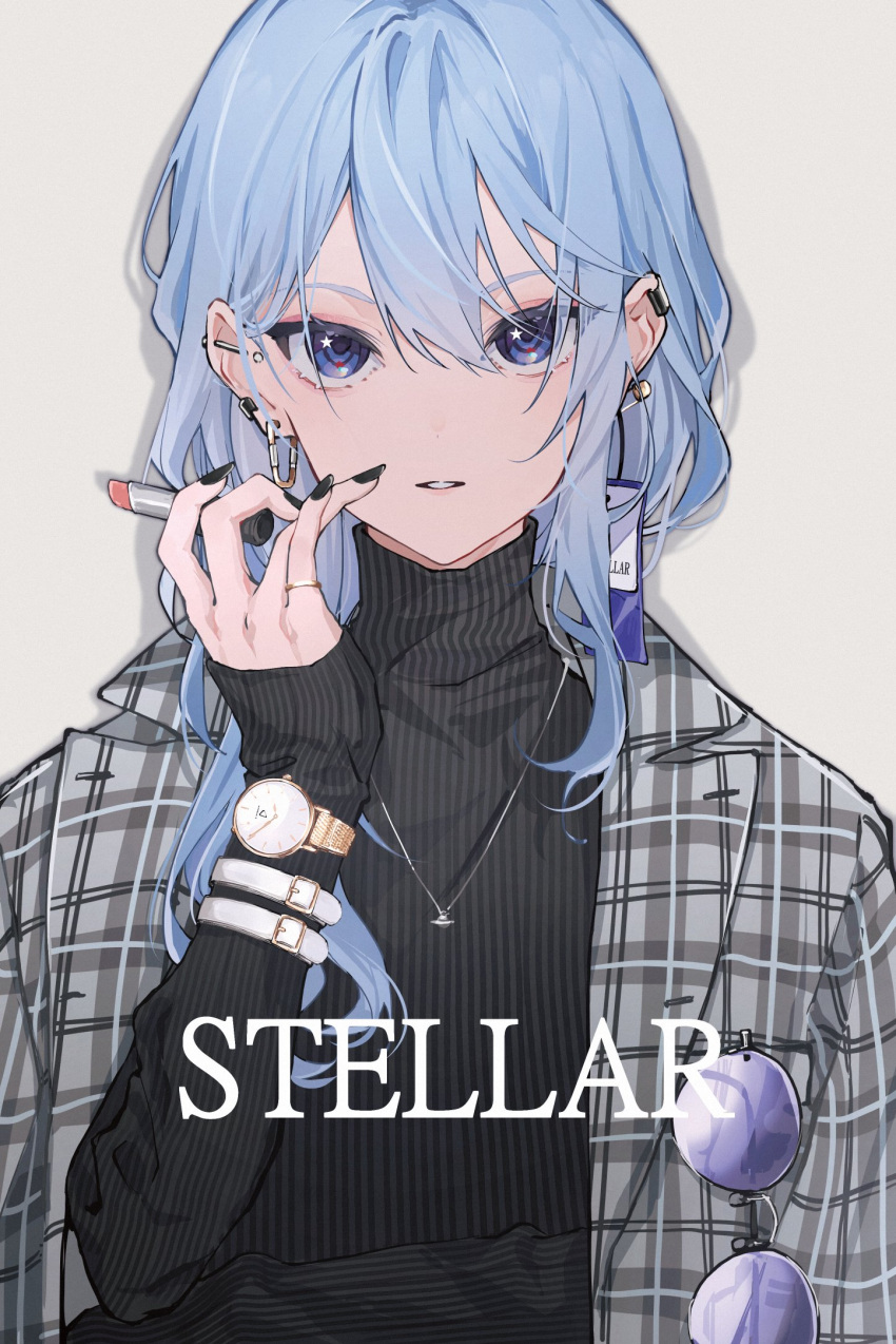 1girl, black_sweater, blue_eyes, blue_hair, cosmetics, ear_piercing, earrings, english_text, eyewear_on_clothing, fingernails, grey_background, grey_jacket, highres, holding, holding_lipstick_tube, hololive, hoshimachi_suisei, jacket, jewelry, lipstick_tube, long_fingernails, long_hair, mirai99, multiple_wristbands, necklace, parted_lips, piercing, plaid, plaid_jacket, purple-tinted_eyewear, ribbed_sweater, ring, sidelocks, simple_background, sleeves_past_wrists, solo, star_(symbol), star_in_eye, straight-on, sunglasses, sweater, swept_bangs, symbol_in_eye, tinted_eyewear, turtleneck, turtleneck_sweater, upper_body, virtual_youtuber, watch