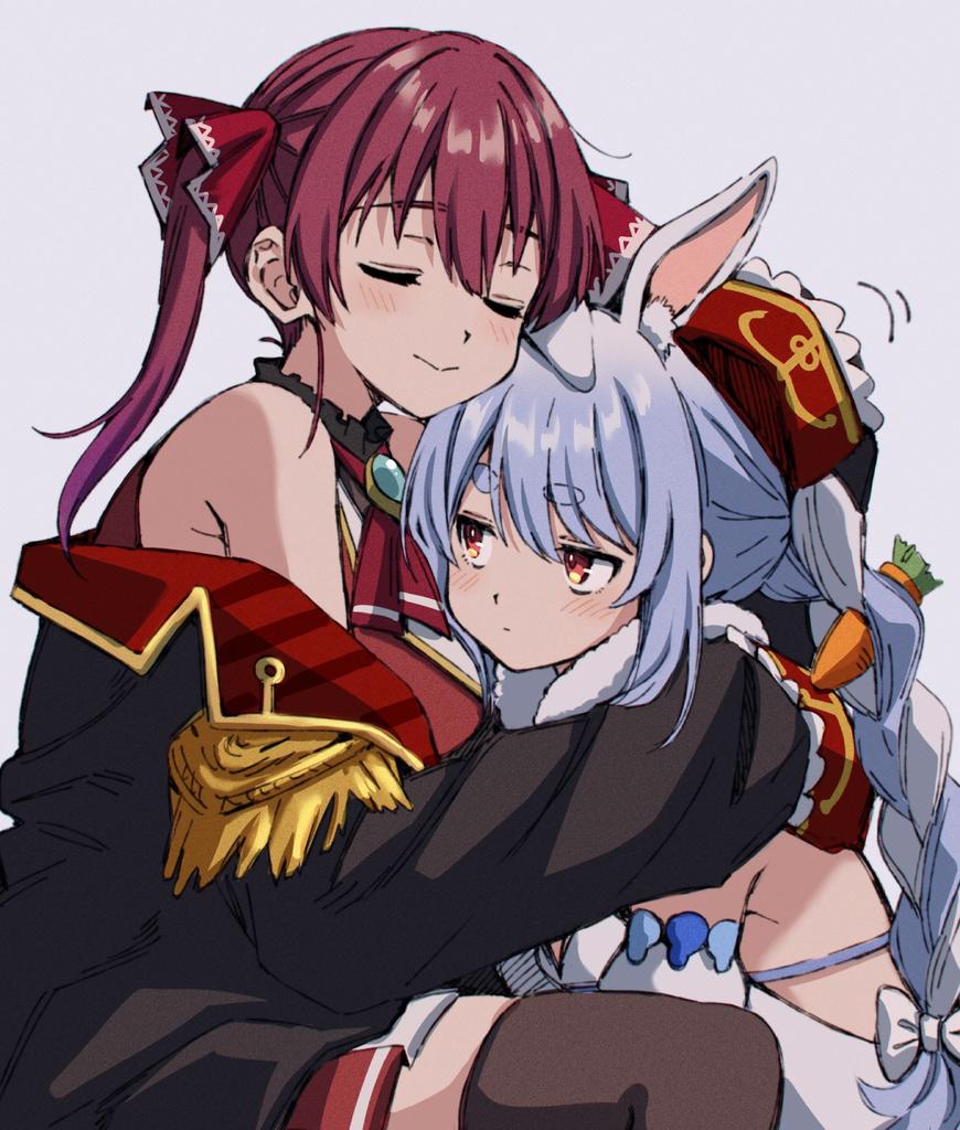 2girls, animal_ears, bare_shoulders, blue_hair, closed_eyes, commentary_request, hair_ribbon, hat, hololive, homura_(hmr0222), houshou_marine, houshou_marine_(1st_costume), hug, multiple_girls, pirate_costume, pirate_hat, rabbit_ears, red_hair, red_ribbon, ribbon, tagme, twintails, usada_pekora, usada_pekora_(1st_costume), virtual_youtuber