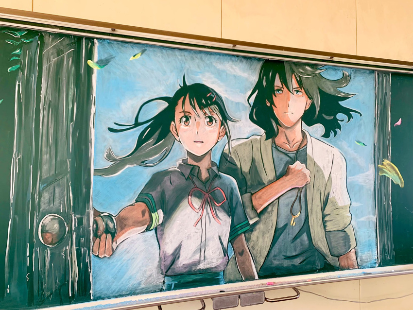 1boy, 1girl, art_tools_in_frame, black_hair, blue_eyes, blue_shirt, blue_sky, brown_eyes, chalk_(medium), choppy_bangs, closed_mouth, collared_shirt, commentary_request, door_handle, dress_shirt, falling_leaves, floating_hair, green_skirt, hair_between_eyes, hair_ornament, hairclip, highres, iwato_suzume, jacket, jewelry, leaf, long_hair, looking_at_viewer, medium_hair, mole, mole_under_eye, munakata_souta, neck_ribbon, necklace, open_clothes, open_jacket, parted_lips, ponytail, red_ribbon, ribbon, school_uniform, shirt, short_sleeves, single_sidelock, skirt, sky, suzume_no_tojimari, tori_(fx36knkdo8tqays), traditional_media, upper_body, white_shirt