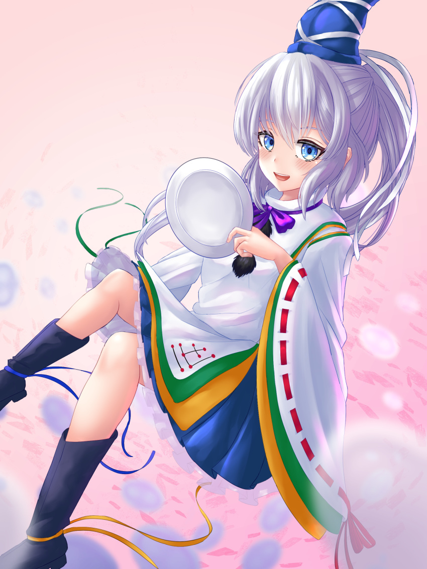 1girl, absurdres, black_footwear, blue_eyes, blue_headwear, blue_skirt, boots, commentary