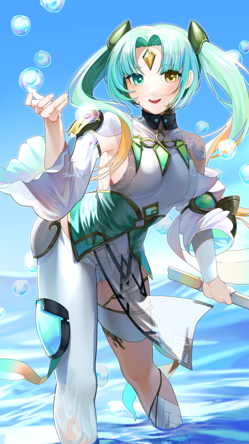 1girl, :d, absurdres, asymmetrical_clothes, blue_sky, breasts, bubble, cowboy_shot, fire_emblem, fire_emblem_heroes, forehead_jewel, gradient_clothes, gradient_hair, green_hair, hair_ornament, heidr_(fire_emblem), heterochromia, highres, holding, holding_staff, ikura_(downdexp), long_hair, looking_at_viewer, multicolored_hair, orange_hair, partially_submerged, pelvic_curtain, sideboob, single_pantsleg, sky, smile, solo, staff, thigh_strap, thighs, twintails, water, yellow_eyes