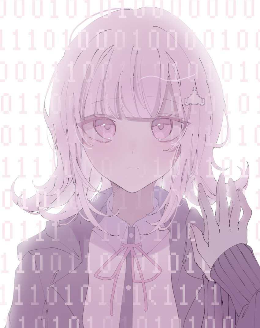 1girl, binary, black_jacket, black_shirt, blunt_bangs, closed_mouth, collared_shirt, danganronpa_(series)